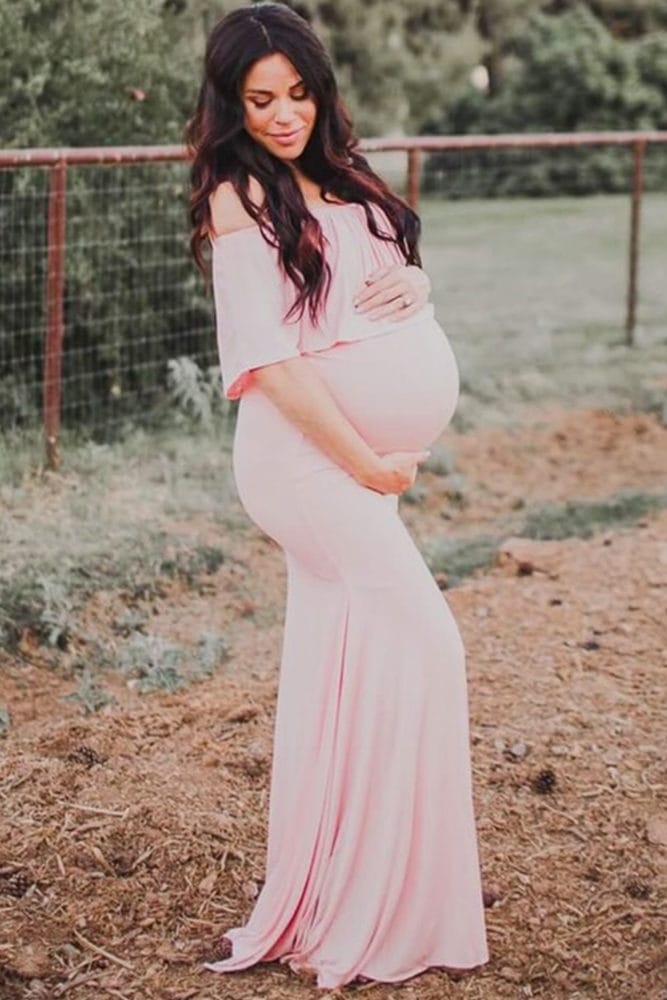off the shoulder maternity flare gown