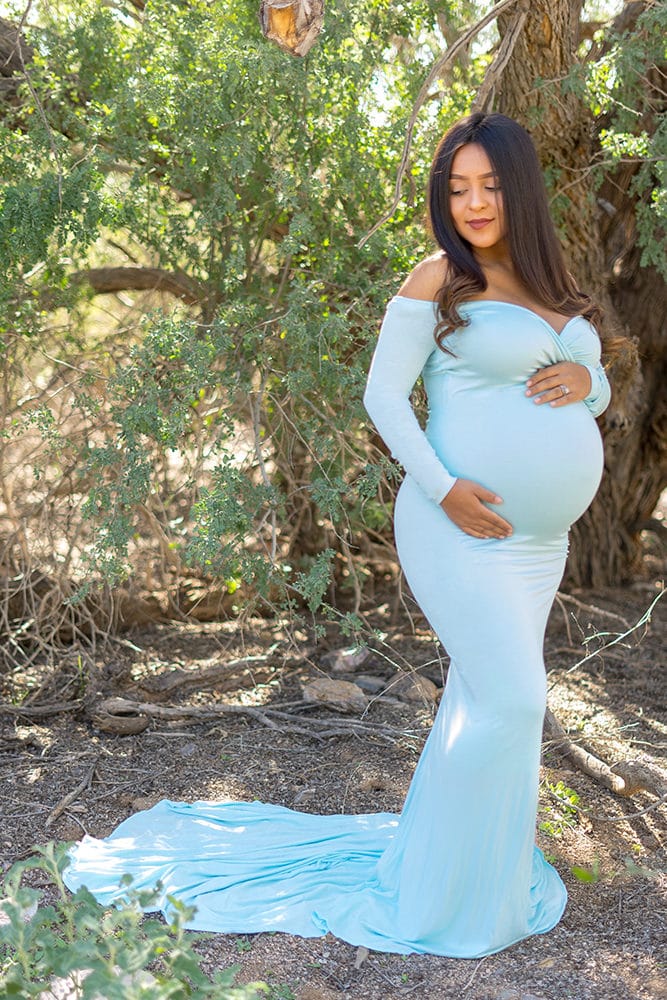 long sleeve maternity gown with chiffon train