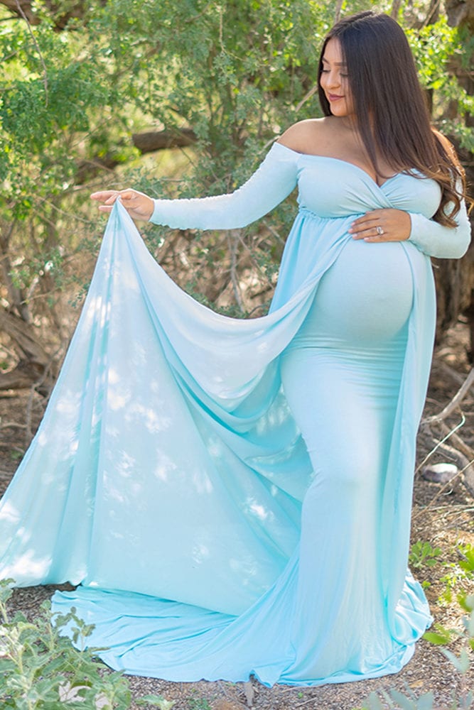 long sleeve maternity gown with chiffon train