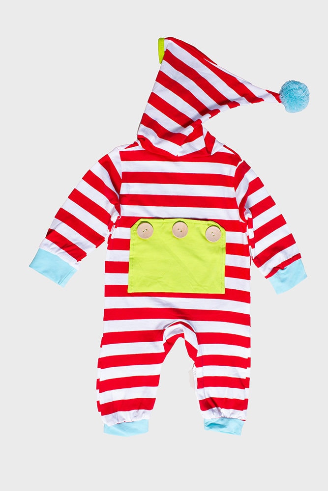 pompom hood striped baby onesie