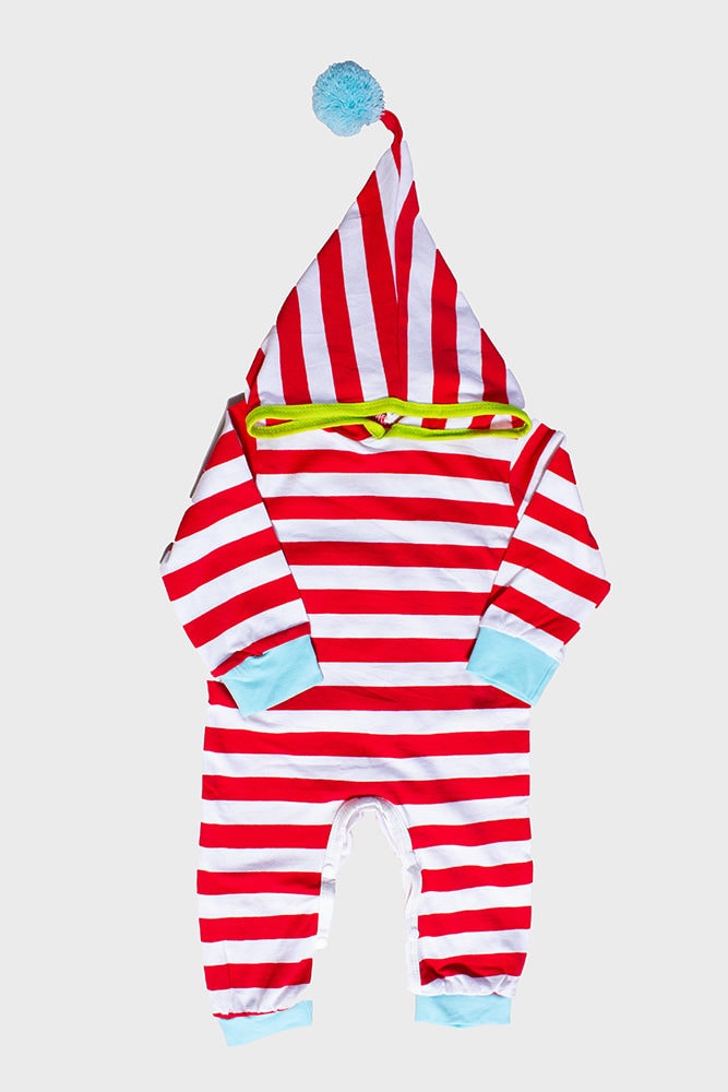 pompom hood striped baby onesie