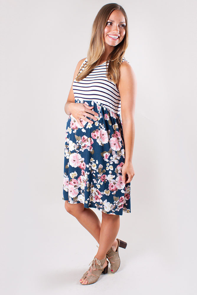 floral and stripe maternity dress