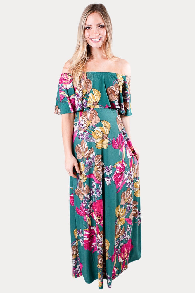 off the shoulder maternity maxi dress