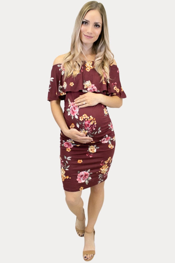 floral off the shoulder maternity dress
