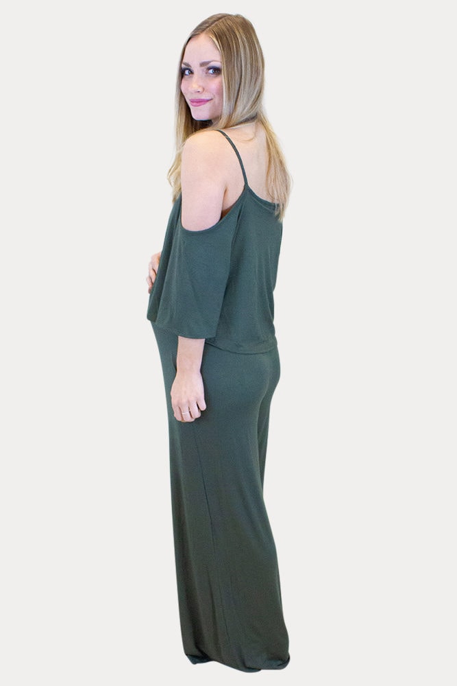off the shoulder maternity jumpsuit