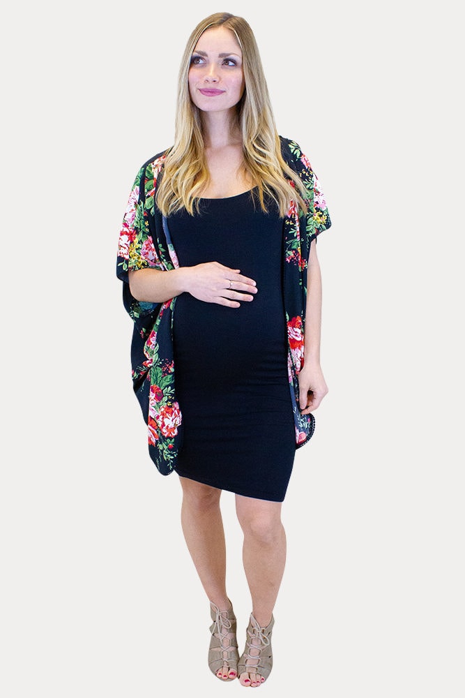 black maternity kimono with flowers