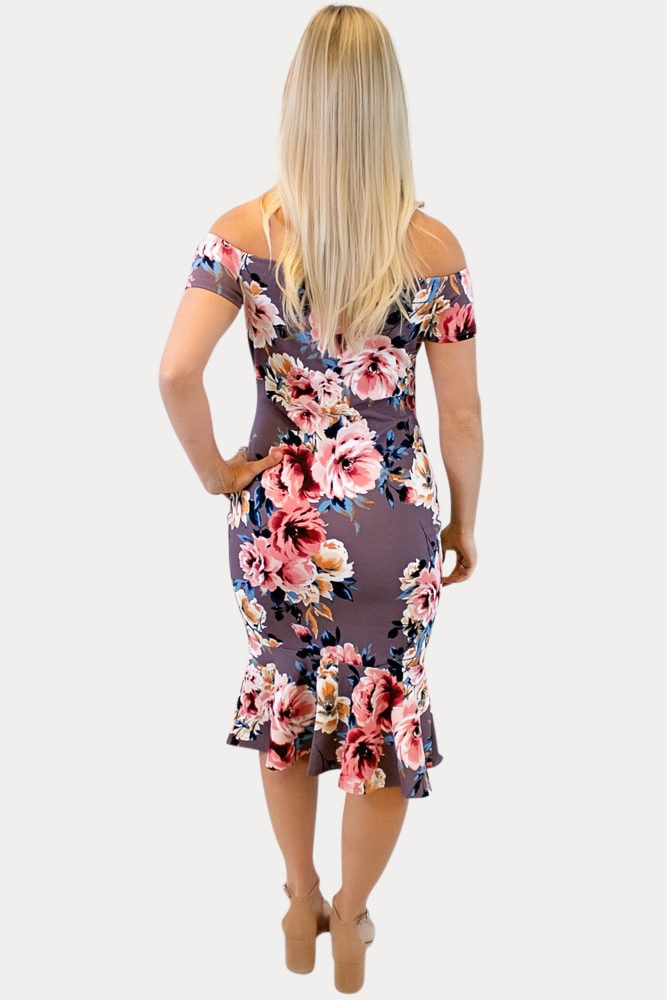 off the shoulder mauve maternity dress