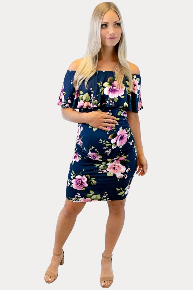 navy blue floral maternity dress