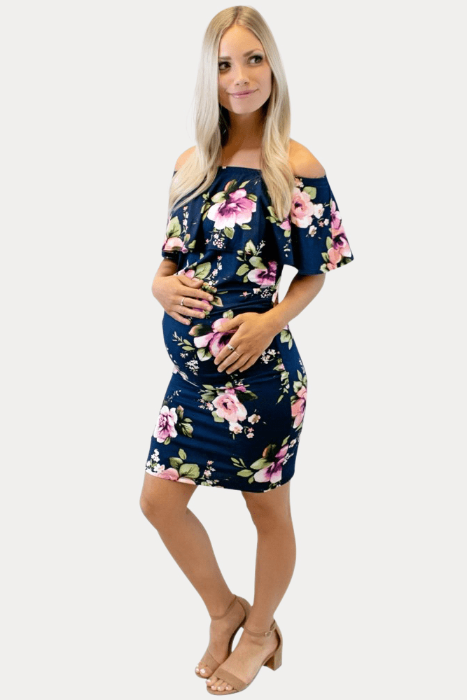 navy blue floral maternity dress