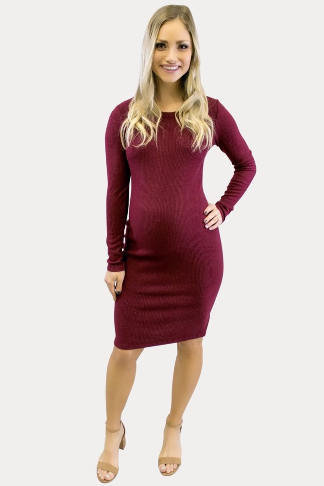Long Sleeve Ribbed Mini Dress in Burgundy
