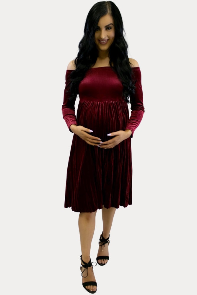 Pleated Velvet Maternity Dress