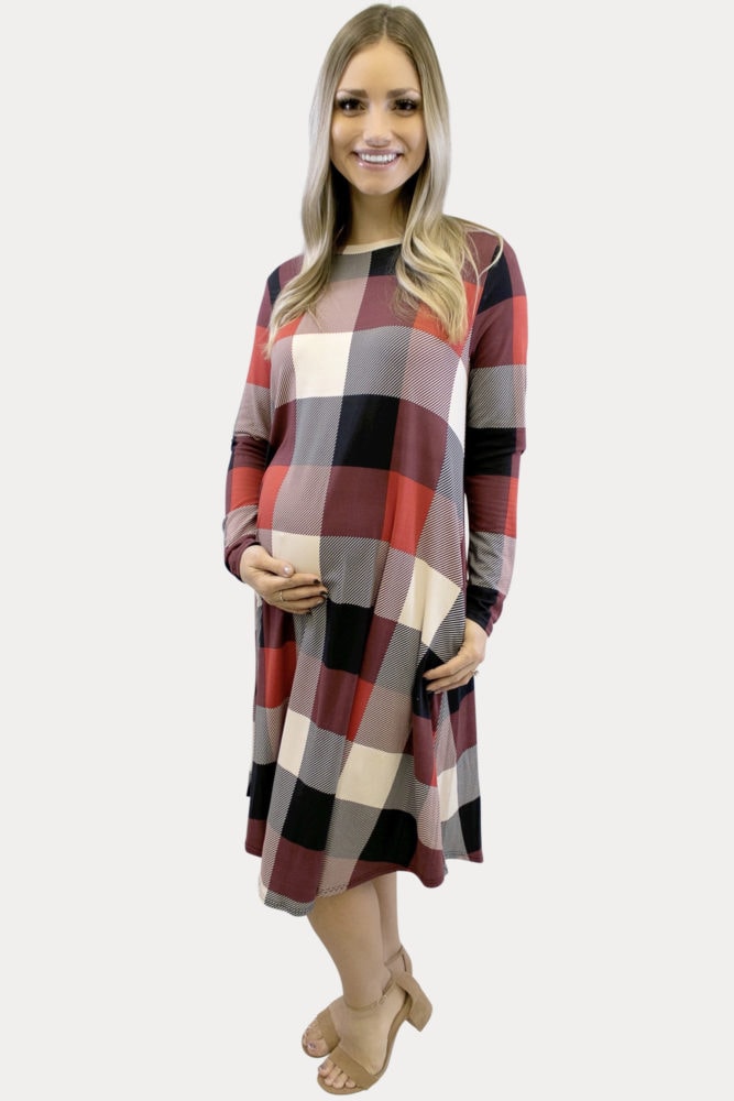 red plaid maternity dress