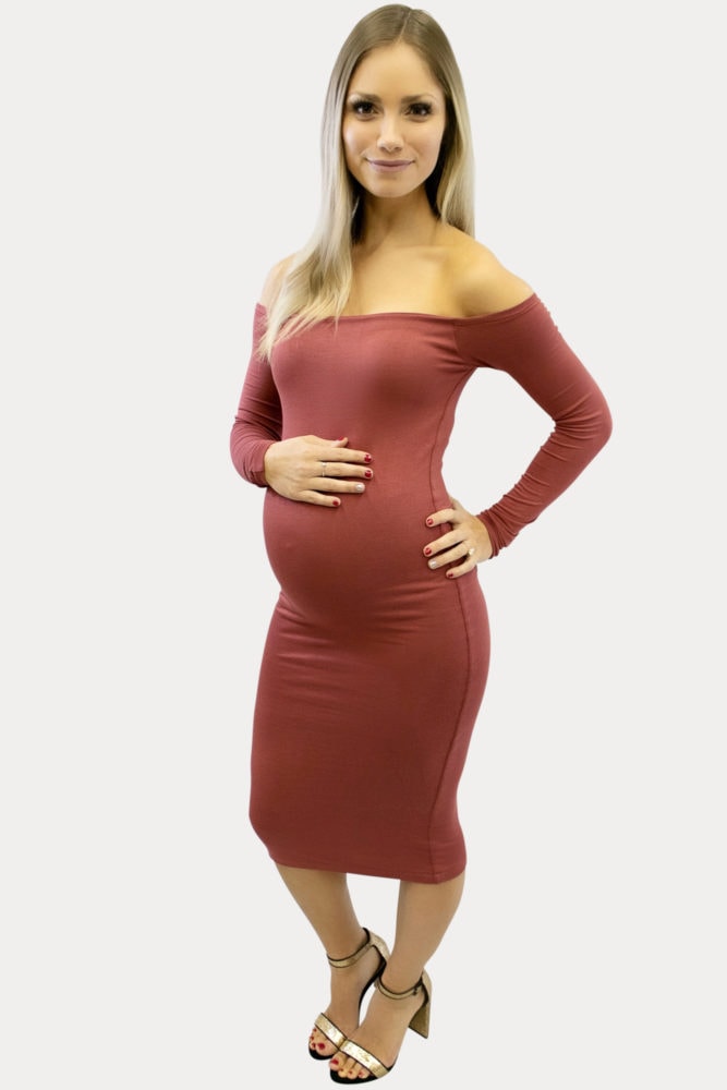 off the shoulder midi maternity dress