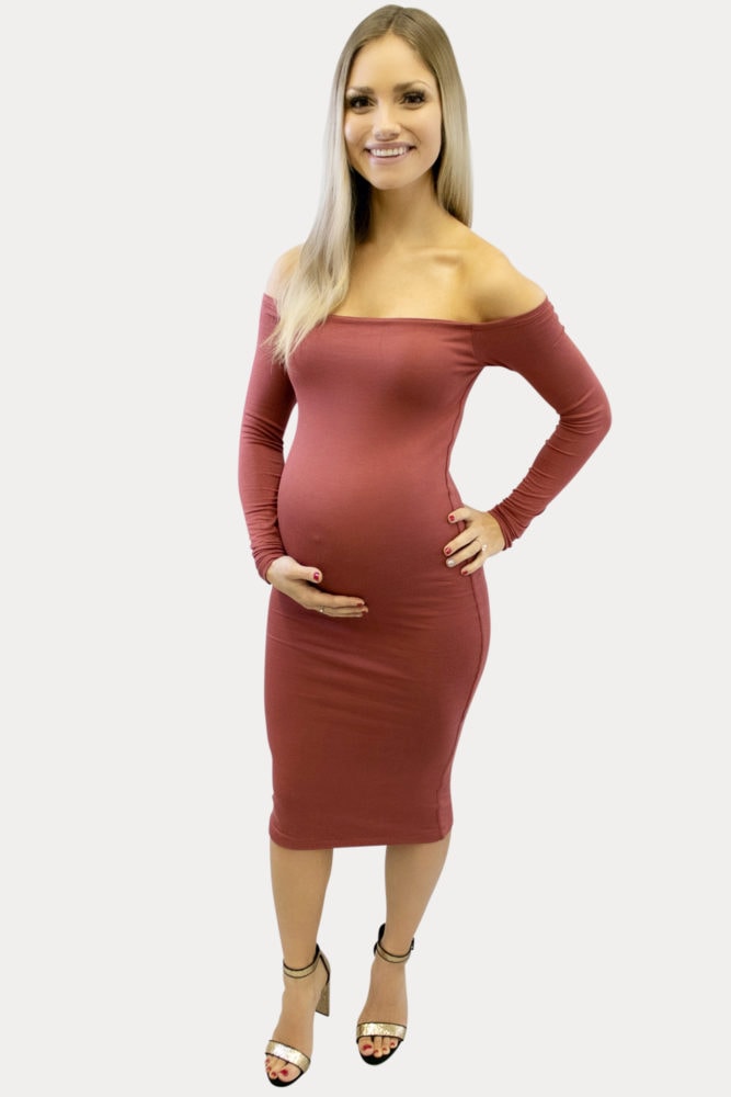 off the shoulder midi maternity dress