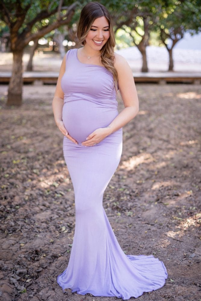 one shoulder maternity gown with train