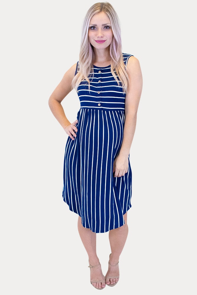 navy striped maternity dress