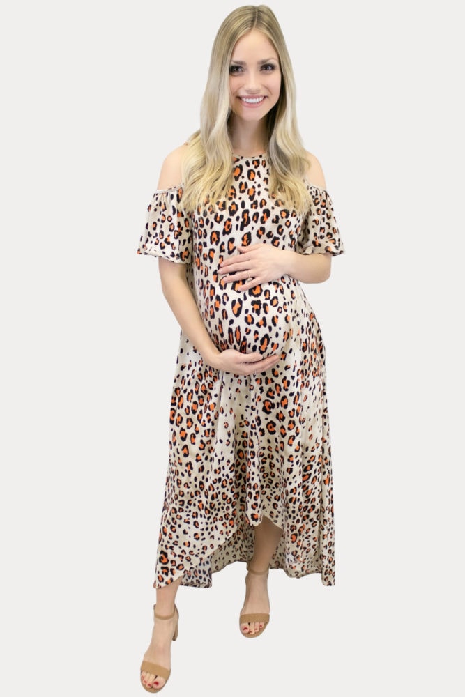 cream leopard maternity dress