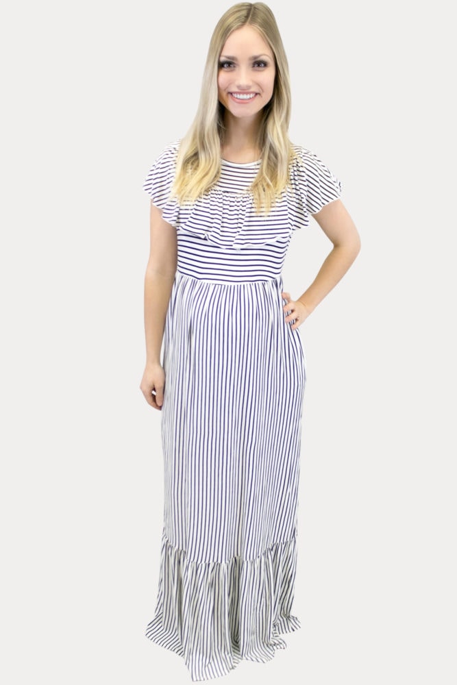 Features a fun, thin stripe pattern with some added ruffles.