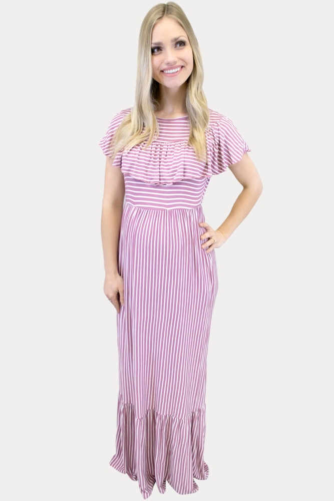 mauve striped maternity maxi