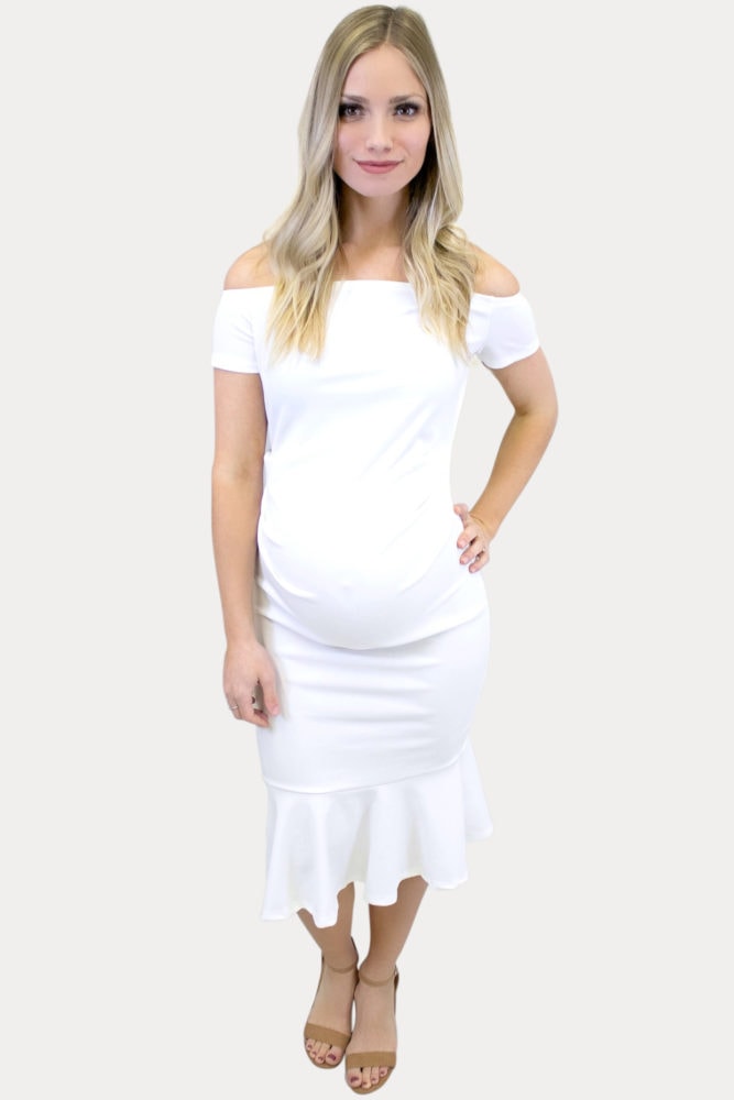 off the shoulder flare maternity dress