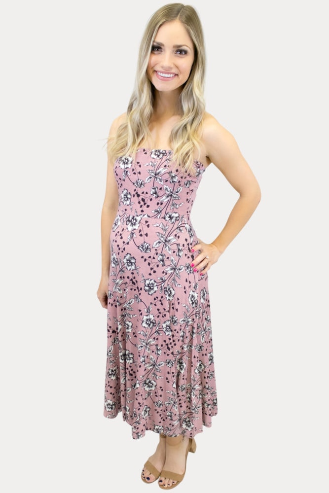 Strapless mauve Floral Maternity Dress