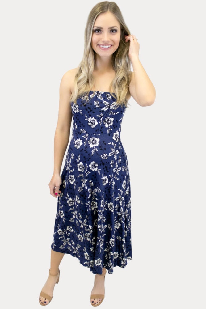 Strapless Navy Floral Maternity Dress