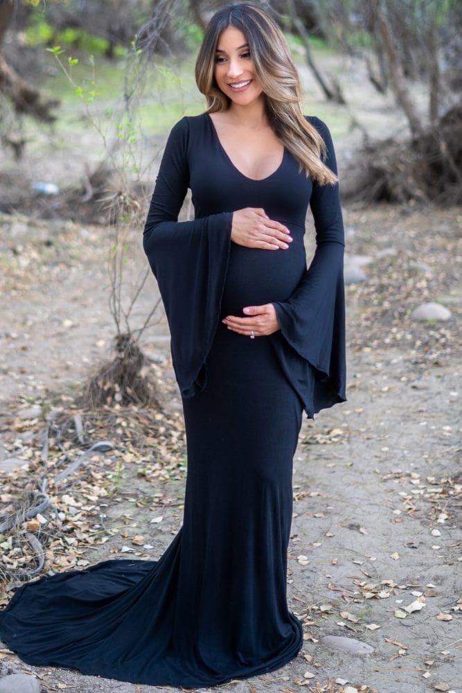 bell sleeve maternity gown with mini train