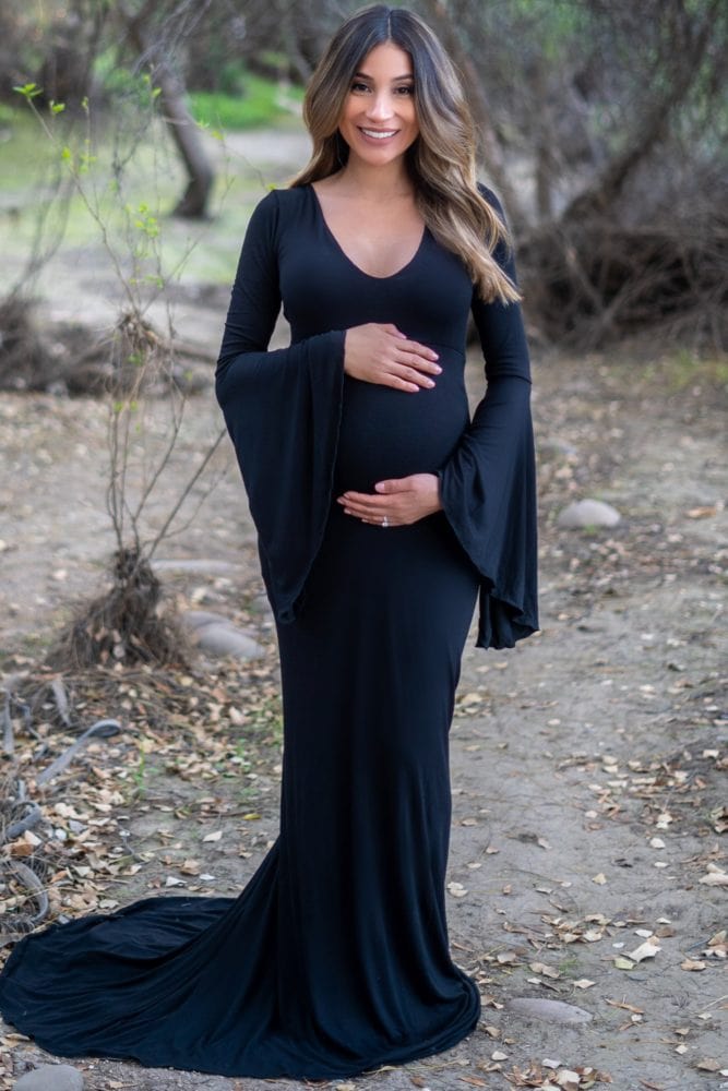 bell sleeve maternity gown with mini train