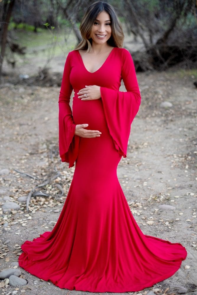 bell sleeve maternity flare gown