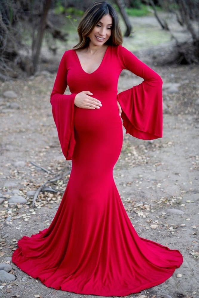 bell sleeve maternity flare gown