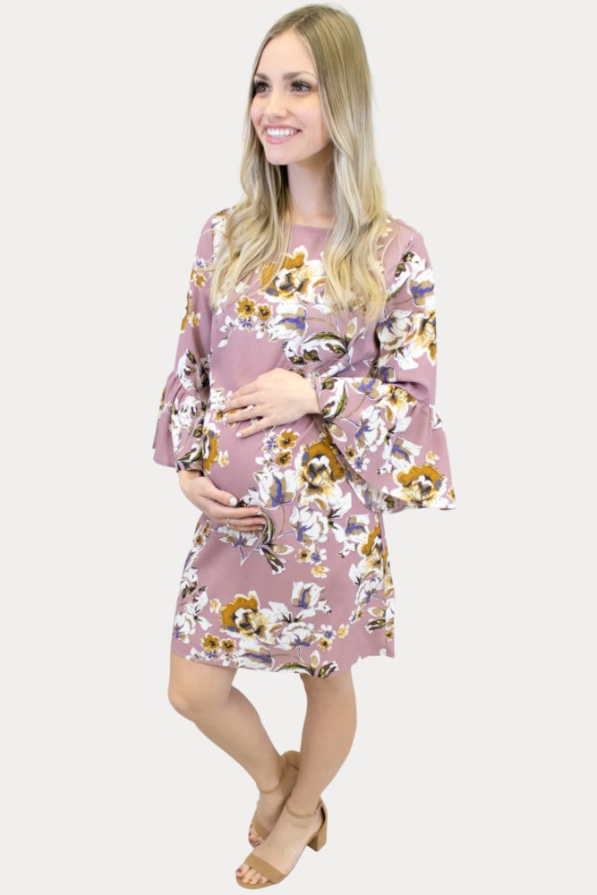 mauve bell sleeve maternity dress