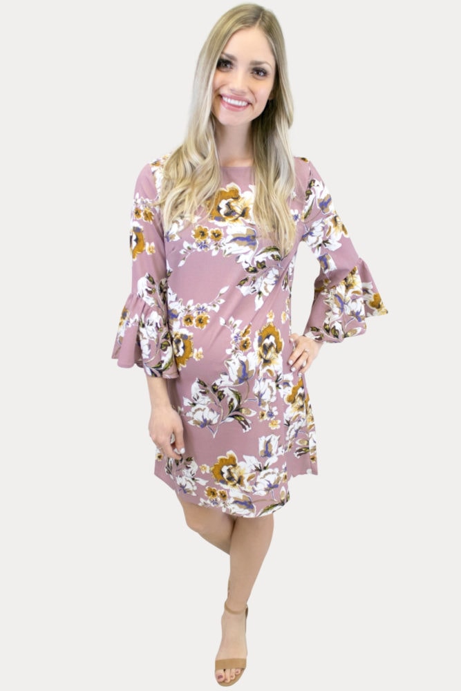mauve bell sleeve maternity dress