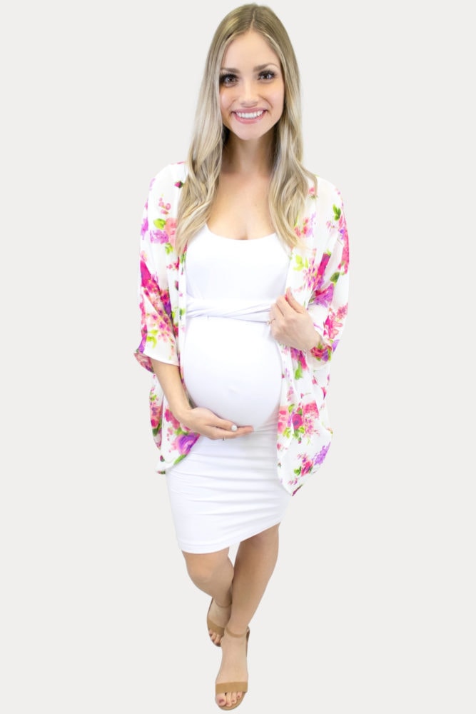 Sheer white floral maternity kimono