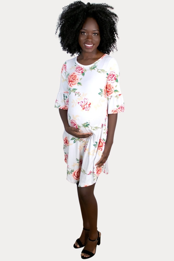 Floral Ruffle Sleeve Maternity Dress