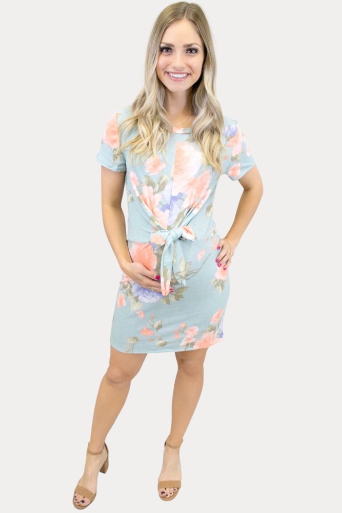 blue tie front maternity dress