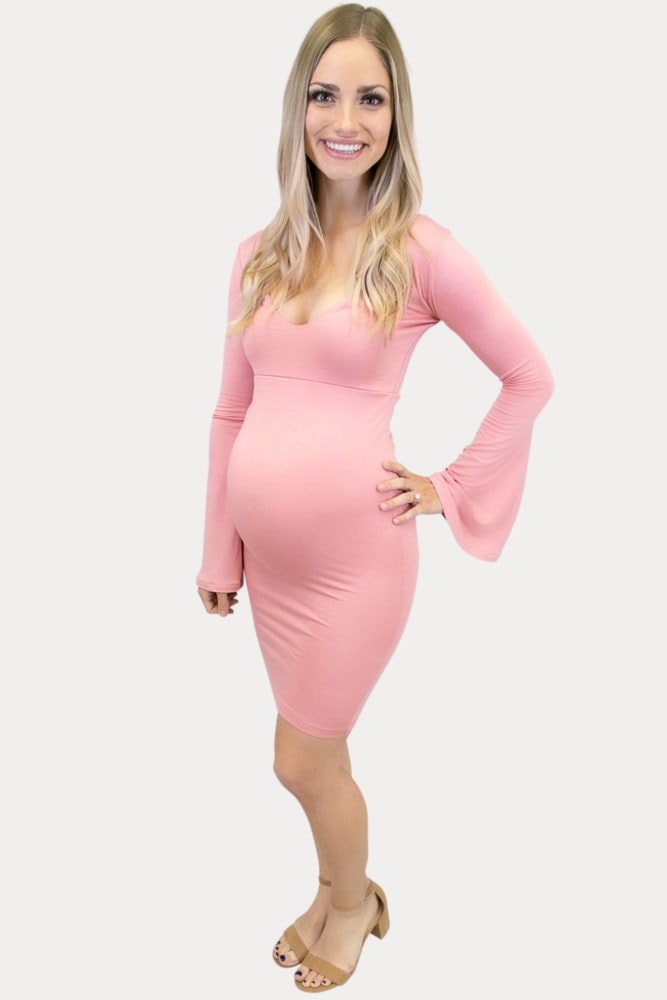 Deep Scoop Bell Sleeve Maternity Dress