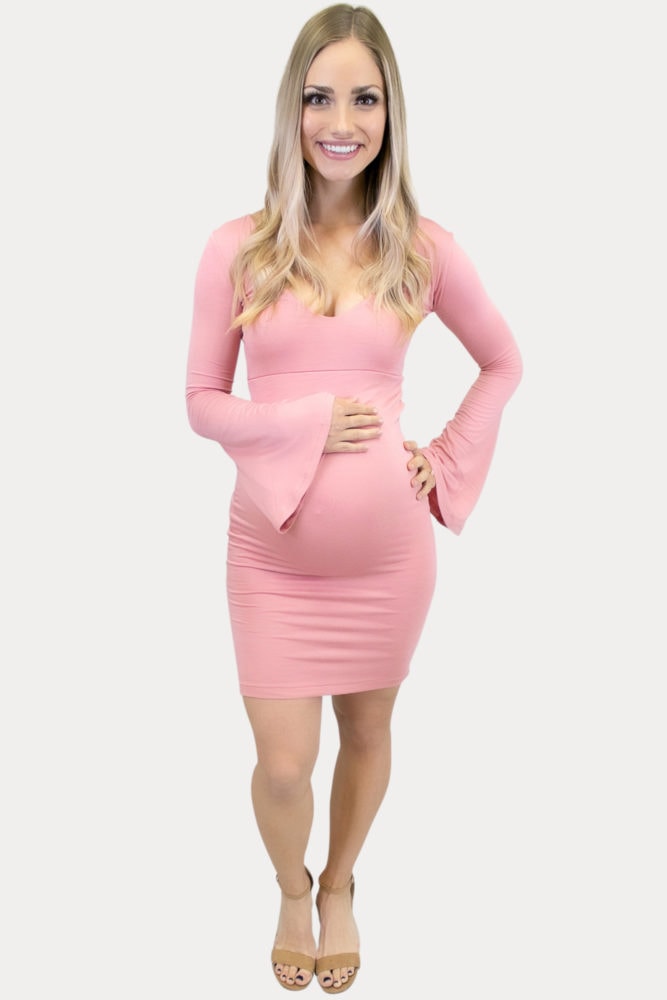 Deep Scoop Bell Sleeve Maternity Dress