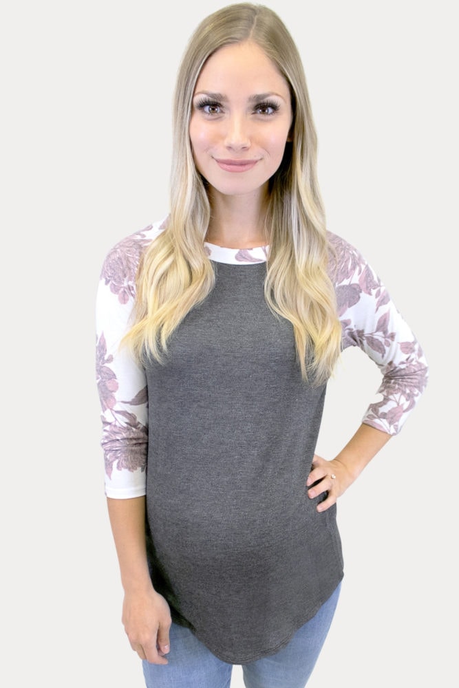 grey maternity baseball tee