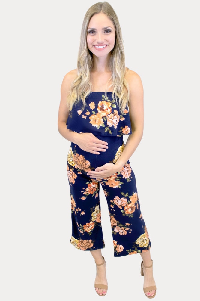 navy floral maternity jumpsuit