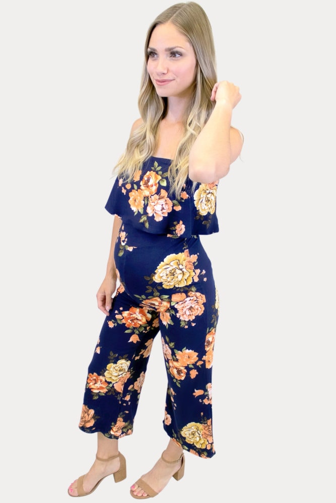 navy floral maternity jumpsuit