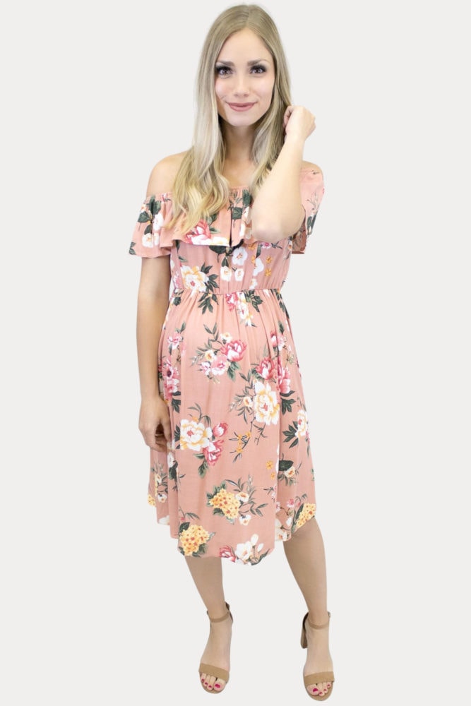 blush off the shoulder maternity dress