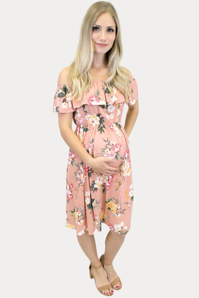 blush off the shoulder maternity dress