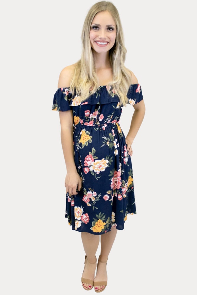 navy off the shoulder maternity dress