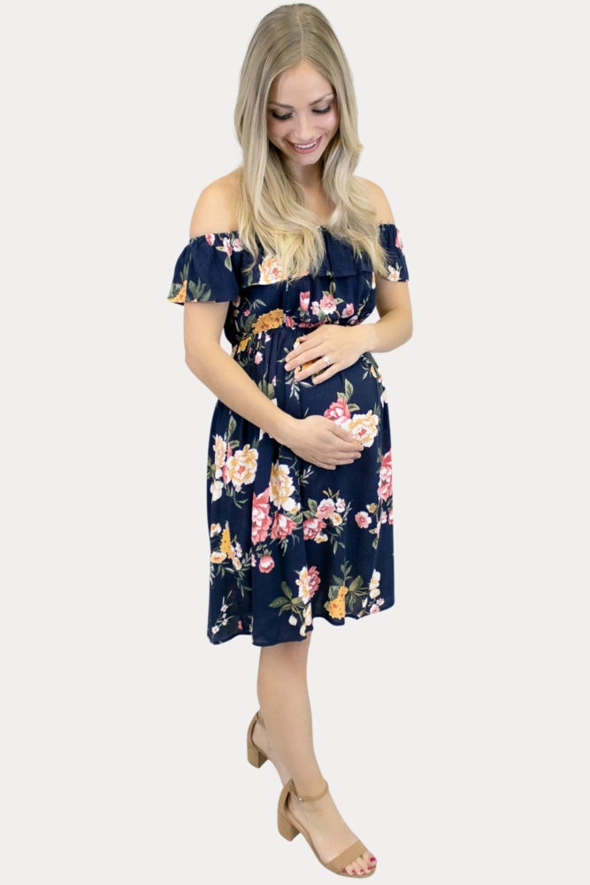 navy off the shoulder maternity dress