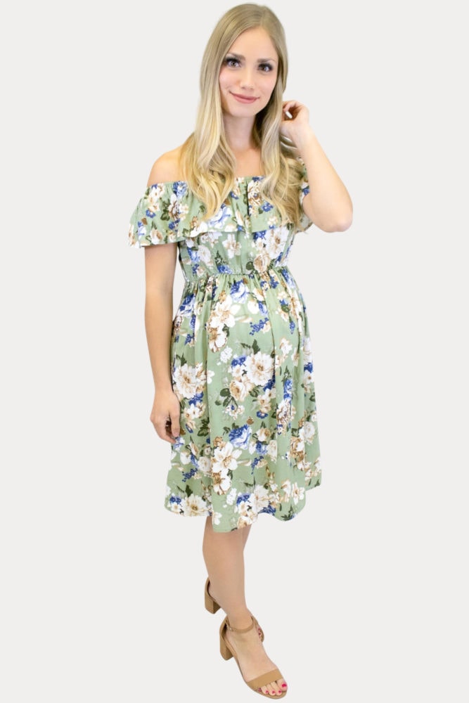 sage off the shoulder maternity dress