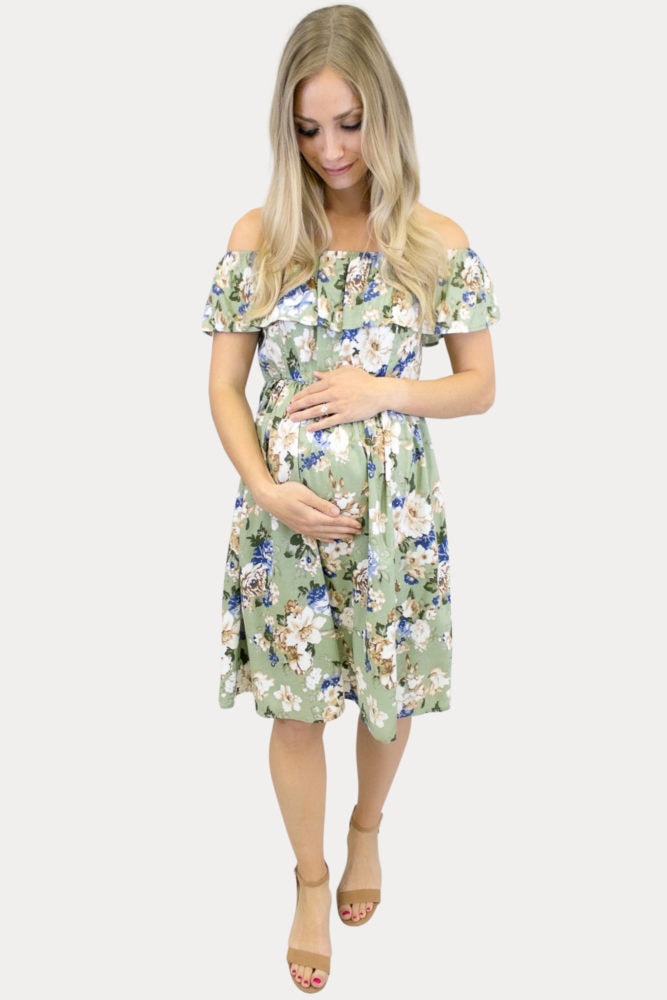 sage off the shoulder maternity dress
