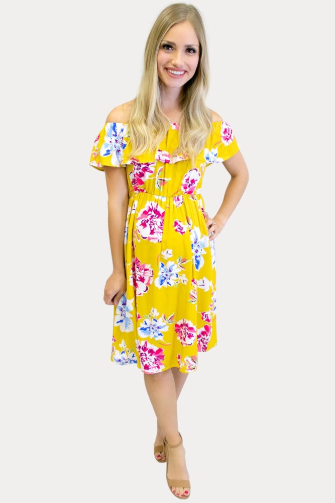 off the shoulder yellow maternity dress