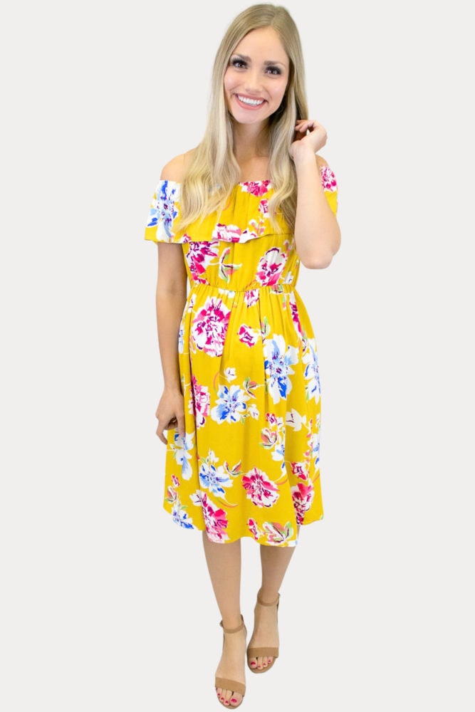 yellow off the shoulder maternity dress
