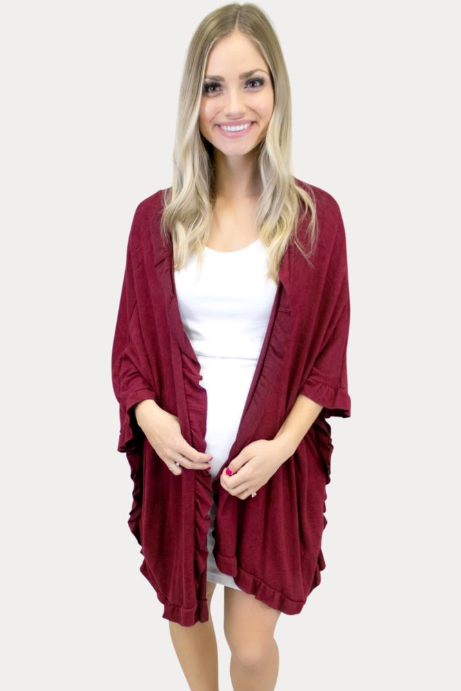 burgundy maternity knit ruffle kimono