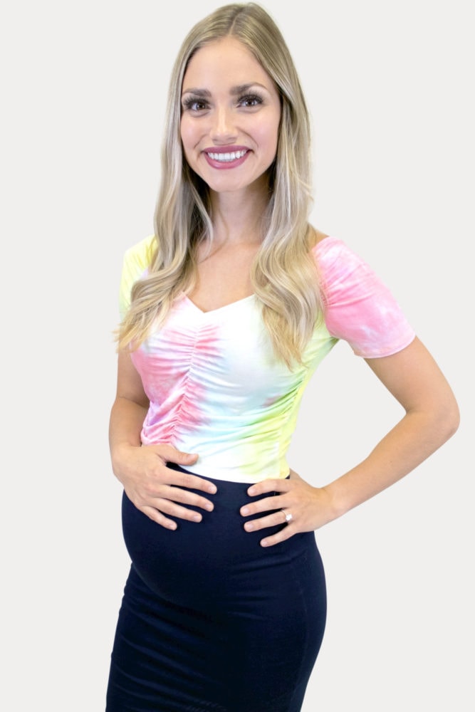 pink tie dye maternity crop top